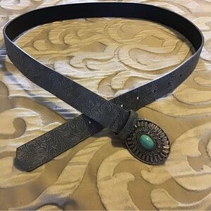 Gray Embossed Belt with Turquoise Buckle